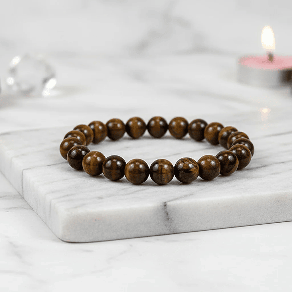 Tiger eye bracelet benefits — natural golden brown tiger eye healing crystal bracelet for confidence and courage